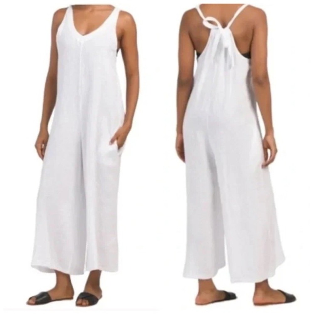Elena Baldi White Jumpsuit 100% Linen Pockets Cropped Coastal Beach Boho Small